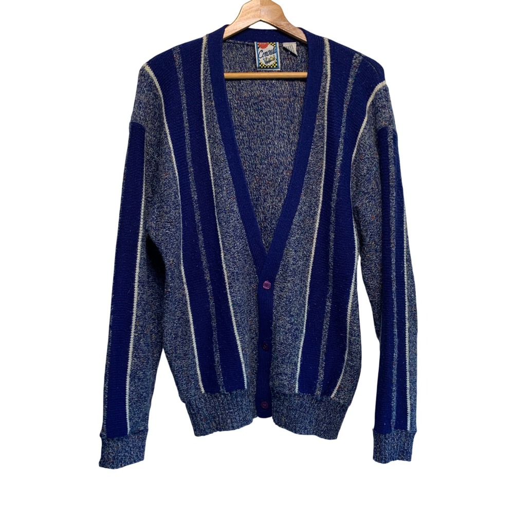 Concrete Cardigan XL Blue Striped Vintage 90s Marled Knit V-Neck Sweater